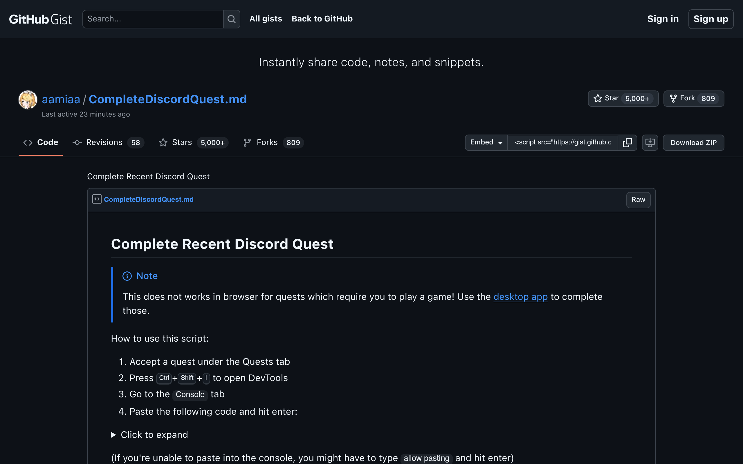 Complete Discord Quest Script (Gist)